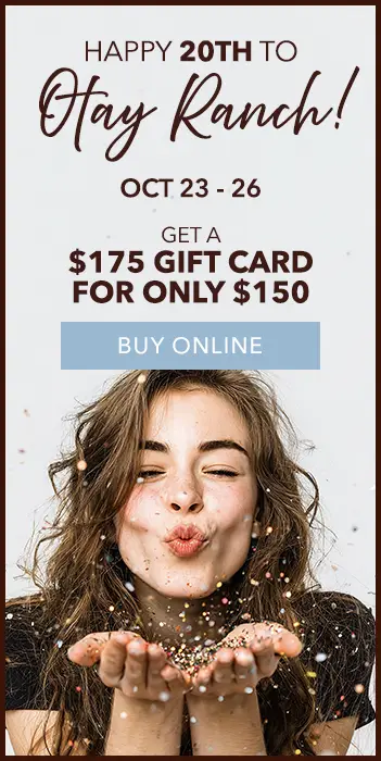 Promotional graphic for Otay Ranch’s 20th anniversary, offering a $175 gift card for $150 from Oct 23-26, with a link to buy online. Below, a woman blows confetti from her hands. - Gila Rut Salon | San Diego and Chula Visa, CA